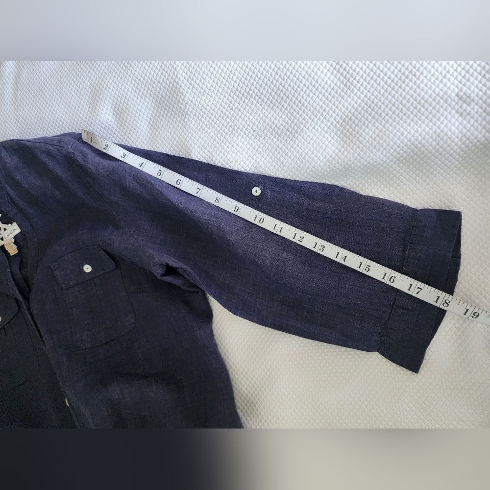 Women's Linen Blue Button-Up Tunic Dress - Picture 11 of 11